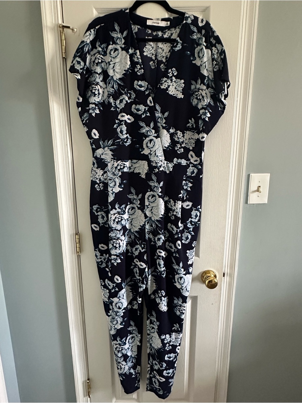 JustFab Navy Floral Wrap Jumpsuit